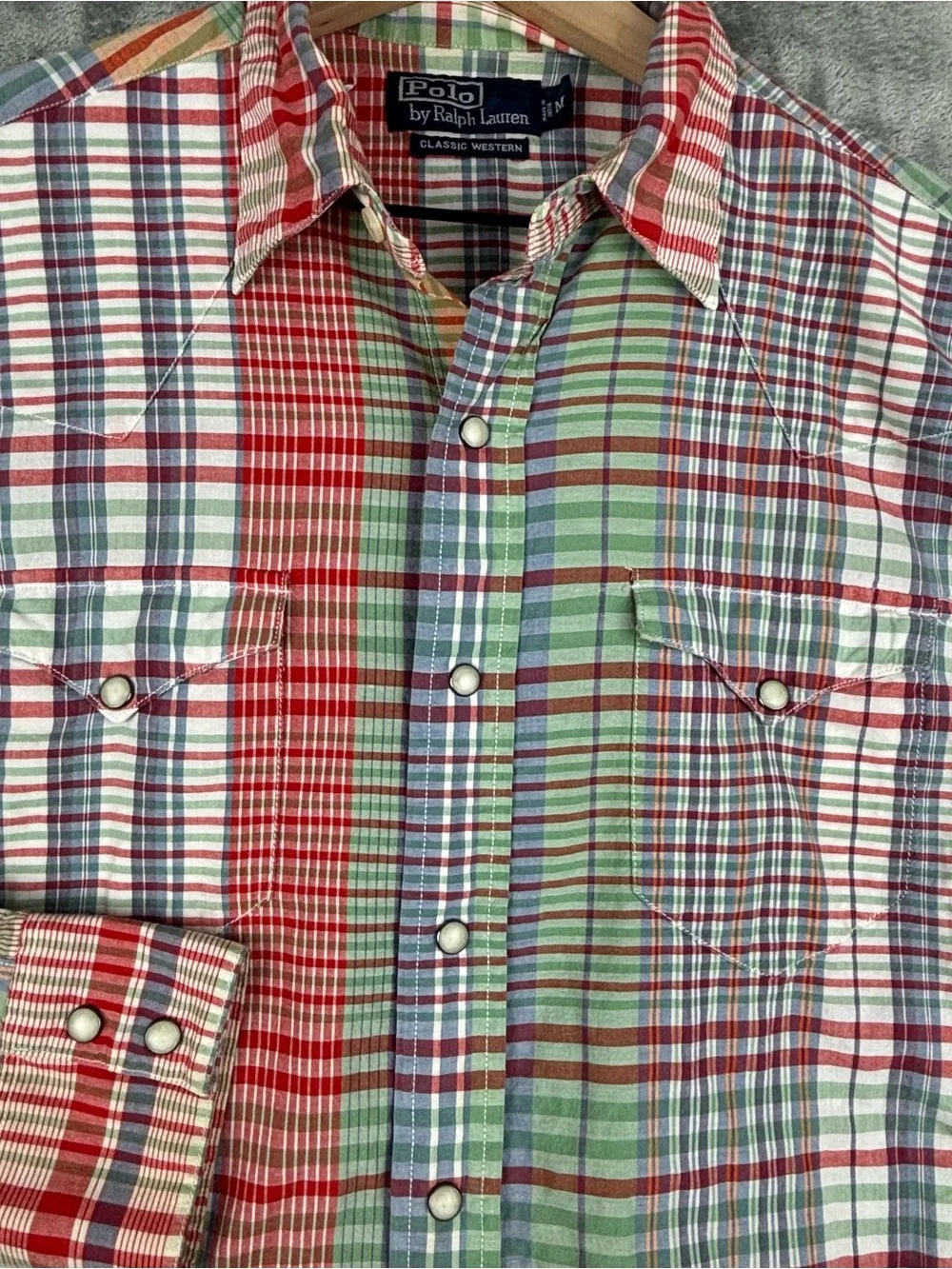 Polo Ralph Lauren Vintage‎ Classic Western Shirt Plaid Pearl Snap Mens Medium